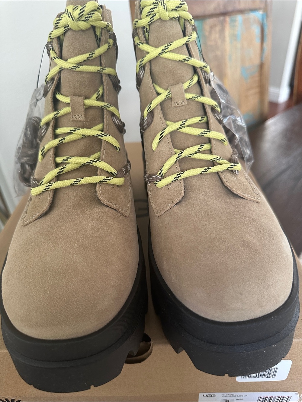 UGG Tan Suede Lug Boots with Neon Yellow Laces